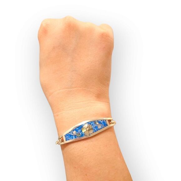 Vintage Alpaca Mexico Silver Blue Abalone Shell Mother-of-Pearl Flower Bracelet - Picture 1 of 14